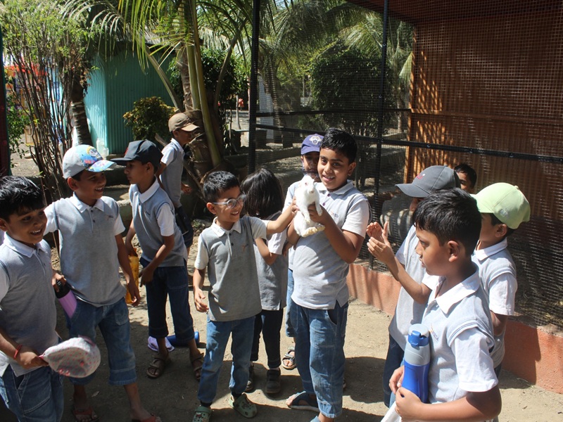 Group of school students enjoying rain dance, tractor rides, and outdoor games at Agatya Agro Resort Shirdi, surrounded by green farmland.