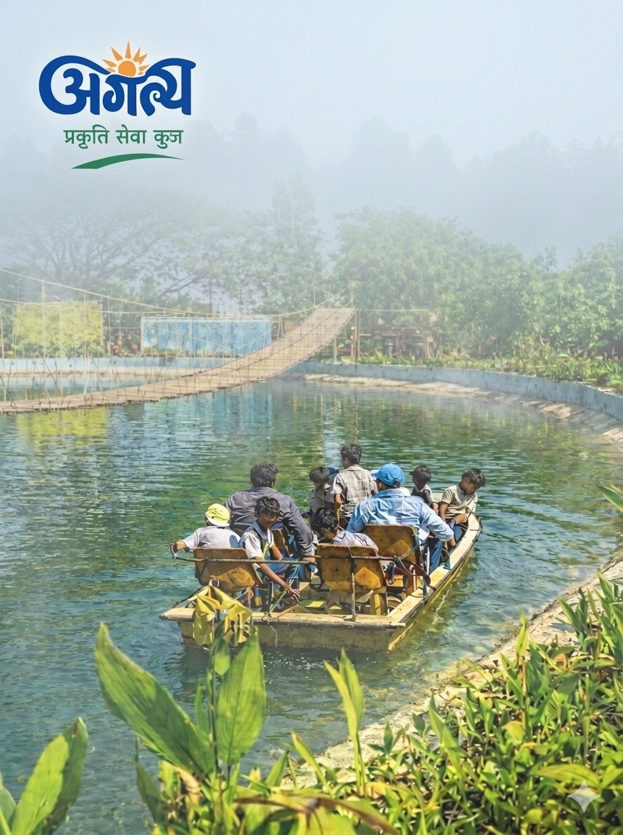 A group of people riding in a yellow boat on a pond surrounded by lush green trees and a suspension bridge at a resort.