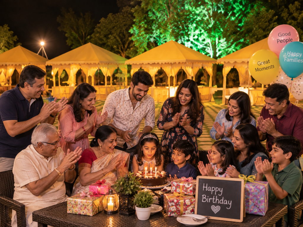 Family celebrating a birthday at the Best Agro Resort in Shirdi